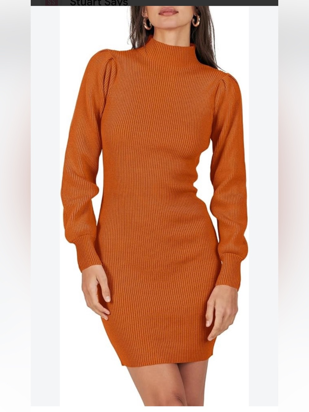 Anrabess Ribbed Long-Sleeve Knit Dress in Burnt Orange/ Puff Statement Sleeves